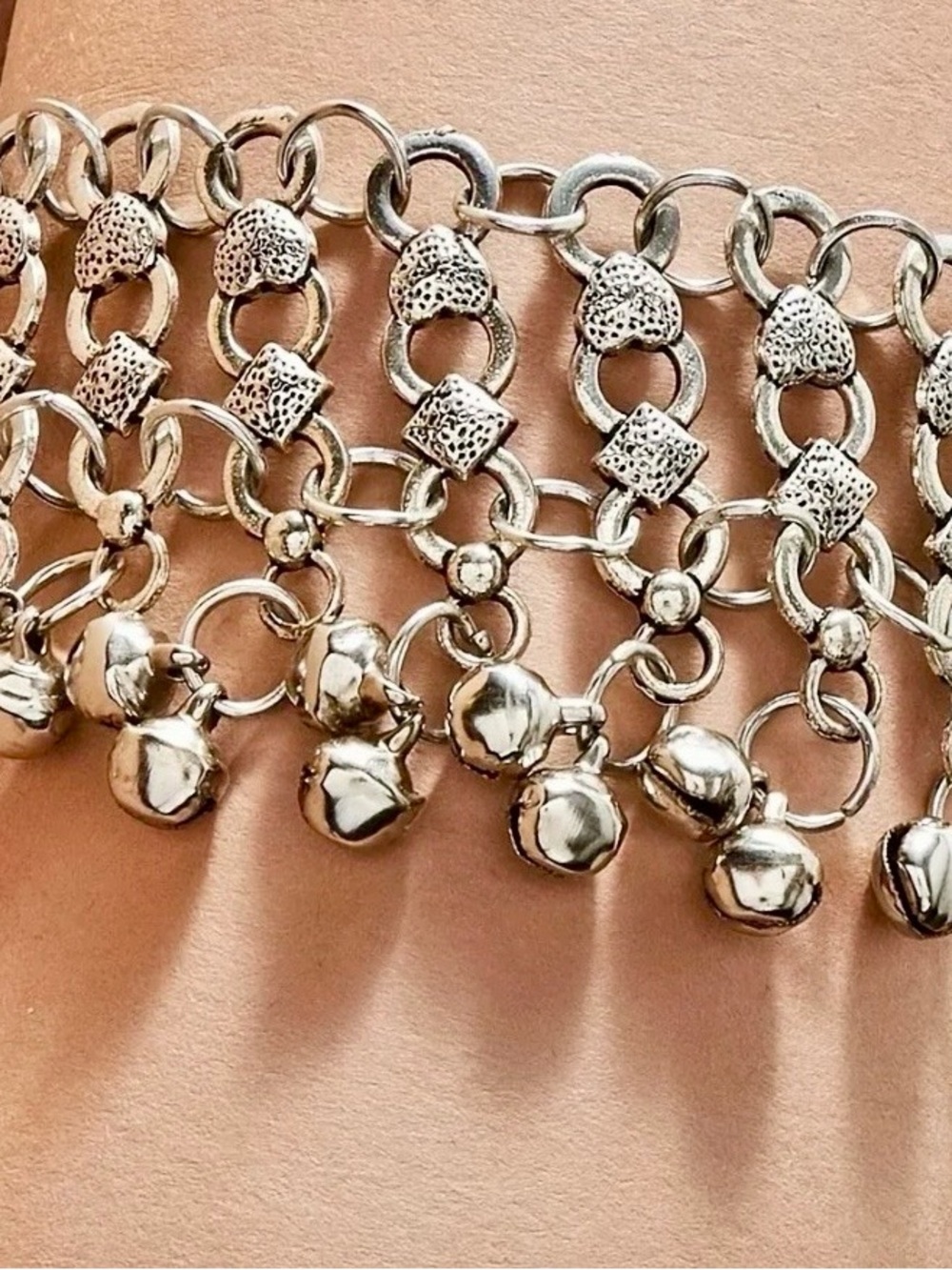 Silver Tone Bell w/Textured Heart and Diamond Link Bracelet or Anklet. 7 inches